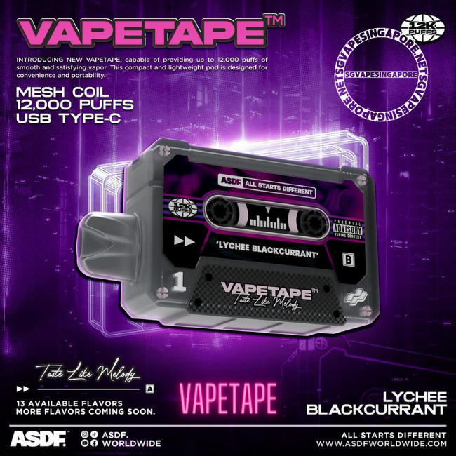 Looking for a high-quality disposable vape option in Singapore? Look no further than Vapetape 12000 puff disposable vape, also known as Vape Tape. With its long-lasting battery life and delicious Solero and lychee blackcurrant flavor, it's a must-try for vape enthusiasts. Visit our vape shop in Singapore today to get your Vape Tape 12000 puff disposable vape.